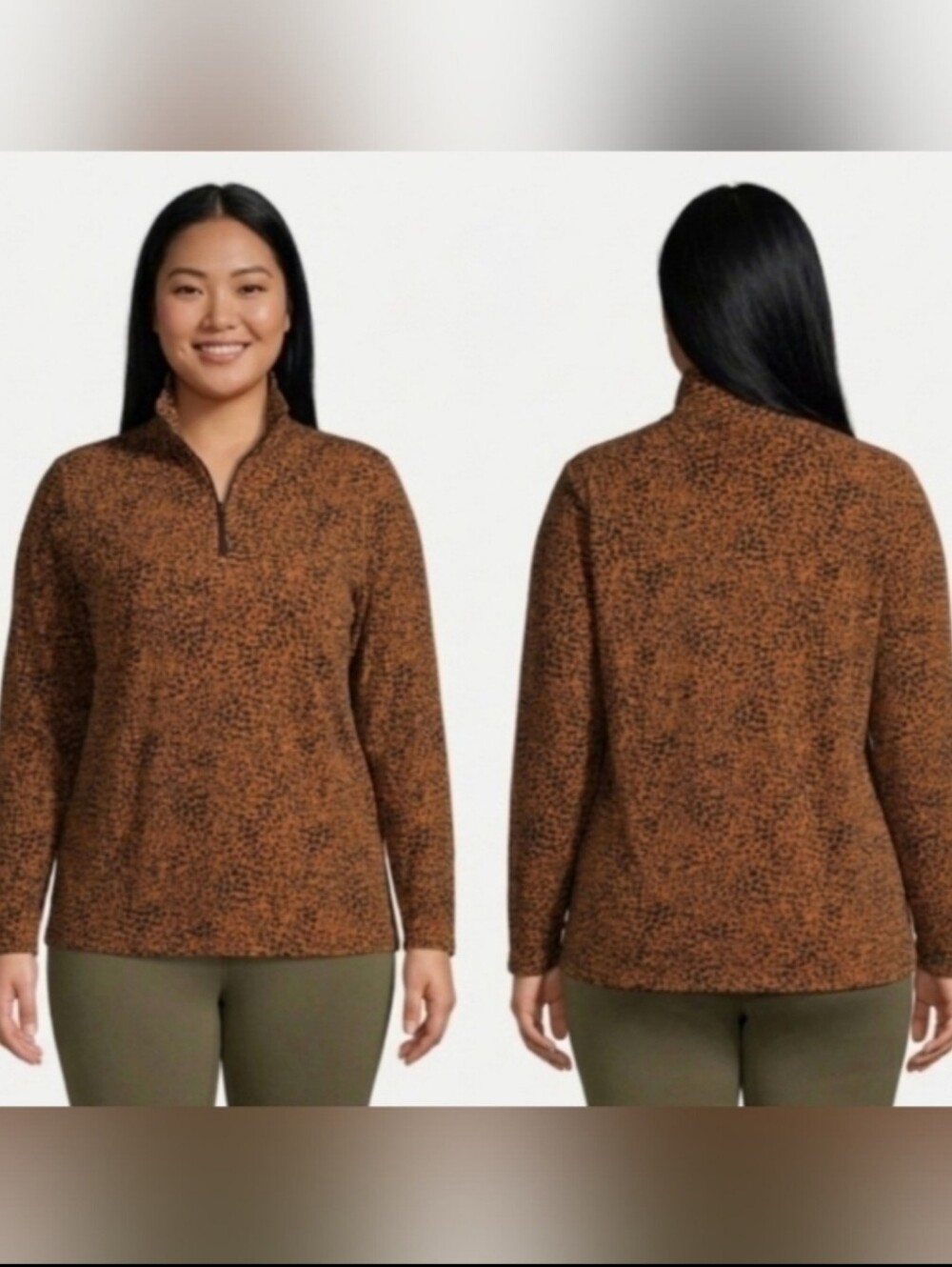 Lands' End Quarters Zip Animal Print Fleece Size 3X Warm Tawny Brown Leopard